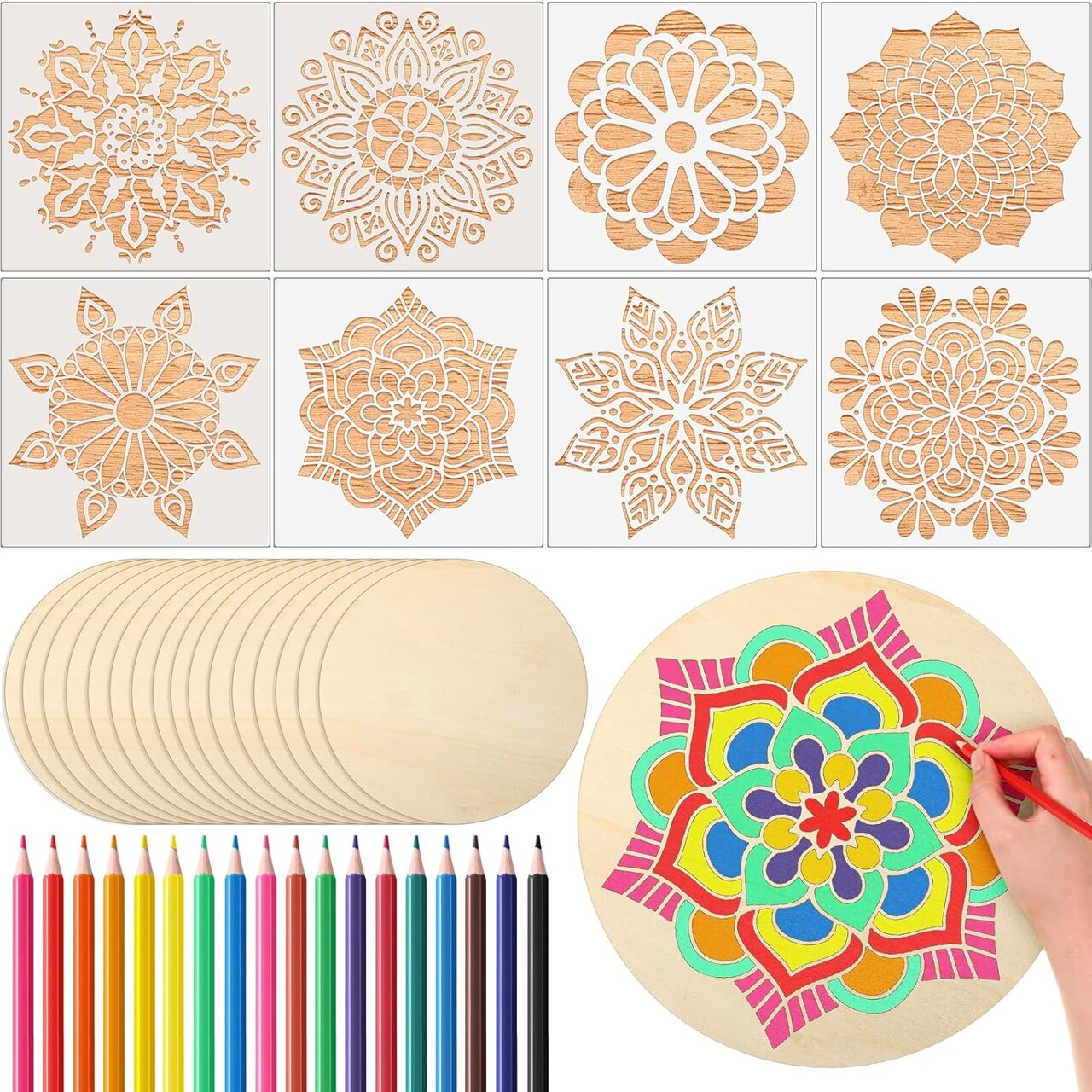 42-Piece Mandala Painting Craft Kit (6 Inch) – Wood Round Cutouts, Mandala Stencils & Colored Pencils for DIY Art, Diwali Crafts & Home Decor